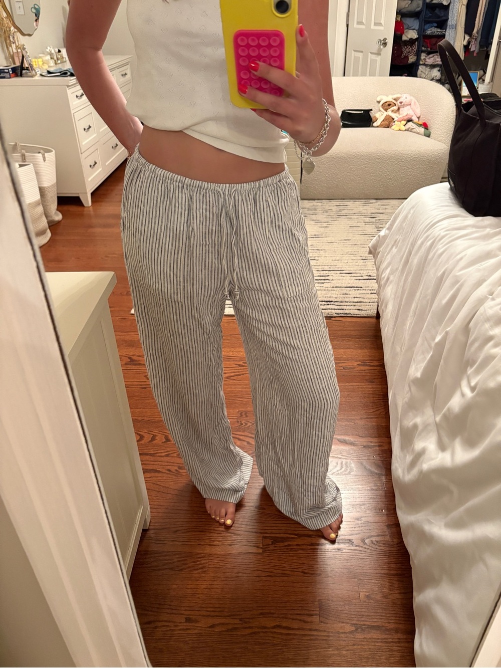 Garage White & Navy Striped linen Wide-Leg Pants